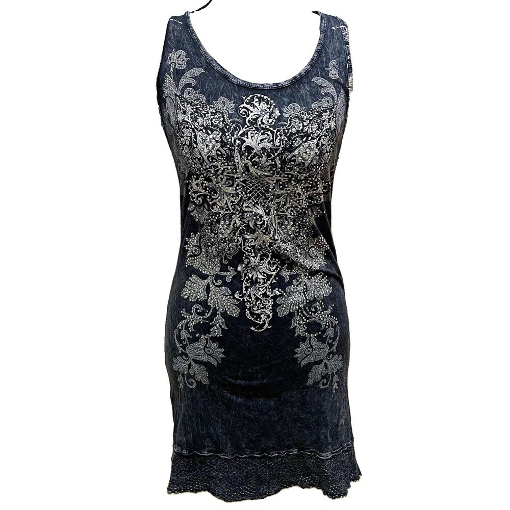 VTG 2000s Vocal Y2K McBling Fleur De Lis Mini Dress Black Acid Wash Rhinestone S